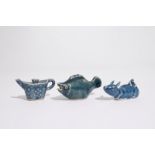 Three Chinese monochrome blue waterdroppers, 19/20th C. H.: 5 cm - L.: 10,5 cm - W.: 3,5 cm (the