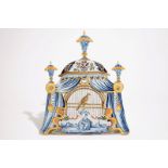 A large Dutch Delft polychrome trompe l'oeil birdcage plaque, 18th C. Dim.: 46 x 40,5 cm Condition