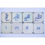 Eight Dutch Delft blue and white tiles with soldiers and children's games, 17/18th C. Dim.: ca. 13 x