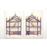 A pair of polychrome Dutch Delft tile panels with canaries in a cage, 18/19th C. Dim.: 39 x 25,5