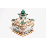 A Dutch Delft polychrome petit feu tobacco box and cover with fine landscapes, 18th C. Dim.: H.: