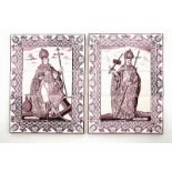 A pair of manganese Dutch Delft tile panels depicting Saint Willibrord and Saint Boniface, late 18th