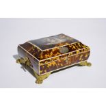 A Napoleon III silver inlaid tortoise veneer sewing box with gilt bronze mounts, France, 19th C.