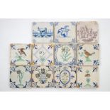 Eleven Dutch Delft tiles executed in blue & white, manganese and polychrome enamels, 17/18th C.