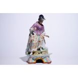 A massive Dutch Delft polychrome petit feu fountain in the shape of a lady, 18th C. Dim.: H.: 60