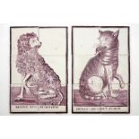 A pair of manganese Dutch Delft tile panels with a cat and a dog, late 18th C. Dim.: 39,5 x 26 cm