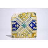 An Antwerp maiolica tile with polychrome ornamental design, 2nd half 16th C. Dim.: 13 x 13 cm