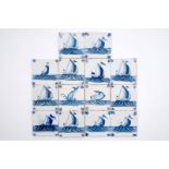 14 blue and white Delft tiles with boats and sea creatures, 18th C. Dim.: Each tile app. 12.5 x 12.5