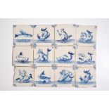 Twelve Dutch Delft blue and white seacreature tiles, 17th C. Dim.: Ca. 13 x 13 cm each Condition