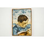 A small Italian Castelli plaque with a reading boy, 17/18th C. Dim.: 14,7 x 10,5 cm Condition