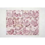 A set of 12 manganese Dutch Delft biblical tiles with carnation corners, 18th C. Dim.: Ca. 13 x 13