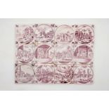 A set of 12 manganese Dutch Delft biblical tiles with carnation corners, 18th C. Dim.: Ca. 13 x 13