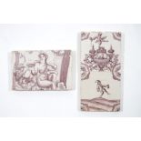 Three manganese Dutch Delft tiles incl. two Rotterdam magito tiles and a rectangular Bacchus tile,