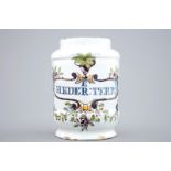 A polychrome Dutch Delft albarello-shaped pharmacy jar, 18th C. H.: 12 cm - Dia.: 8 cm Condition