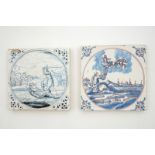 Two rare early Dutch Delft blue and white biblical tiles, late 17/early 18th C. Dim.: ca. 13 x 13 cm