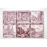 A set of six manganese Dutch Delft biblical tiles, 18th C. Dim.: Ca. 13 x 13 cm each Condition