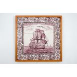 A manganese Dutch Delft tile panel with a ship, 18th C. Dim.: 51 x 50,5 cm (the tiles)Dim.: 54,5 x