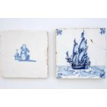 Two Dutch Delft blue and white tiles with a fine war ship and a Chinese catholic, 17/18th C. Dim.: