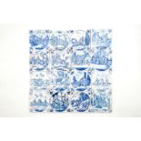 A set of 16 Dutch Delft blue and white biblical tiles with carnation corners, 18th C. Dim.: Ca. 13 x