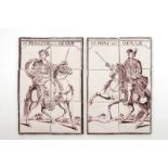 A pair of manganese Dutch Delft tile panels with royals on horsebacks, late 18th C. Dim.: 38,5 x