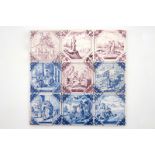 A set of nine Dutch Delft blue and white and manganese tiles, 18th C. Dim.: Ca. 13 x 13 cm each