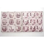 A set of 18 manganese Dutch Delft biblical tiles, 18/19th C. Dim.: 39,5 x 39,5 cm (each panel of 9