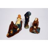 Three Flemish pottery figures of a jester, a pipesmoker and a reclining man, prob. Caesens workshop,