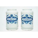 A pair of large Dutch Delft blue and white pharmacy jars, 18th C. H.: 28,5 cm Condition reports