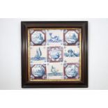 A set of nine framed Dutch Delft tiles, 18th C. Dim.: 52,5 x 52 cm Condition reports and high