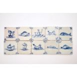 Ten Dutch Delft blue and white seacreature tiles, 17th C. Dim.: Ca. 13 x 13 cm each Condition