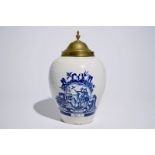 An unusual Dutch Delft blue and white tobacco jar inscribed "De Hoop", with brass cover, 18th C. H.: