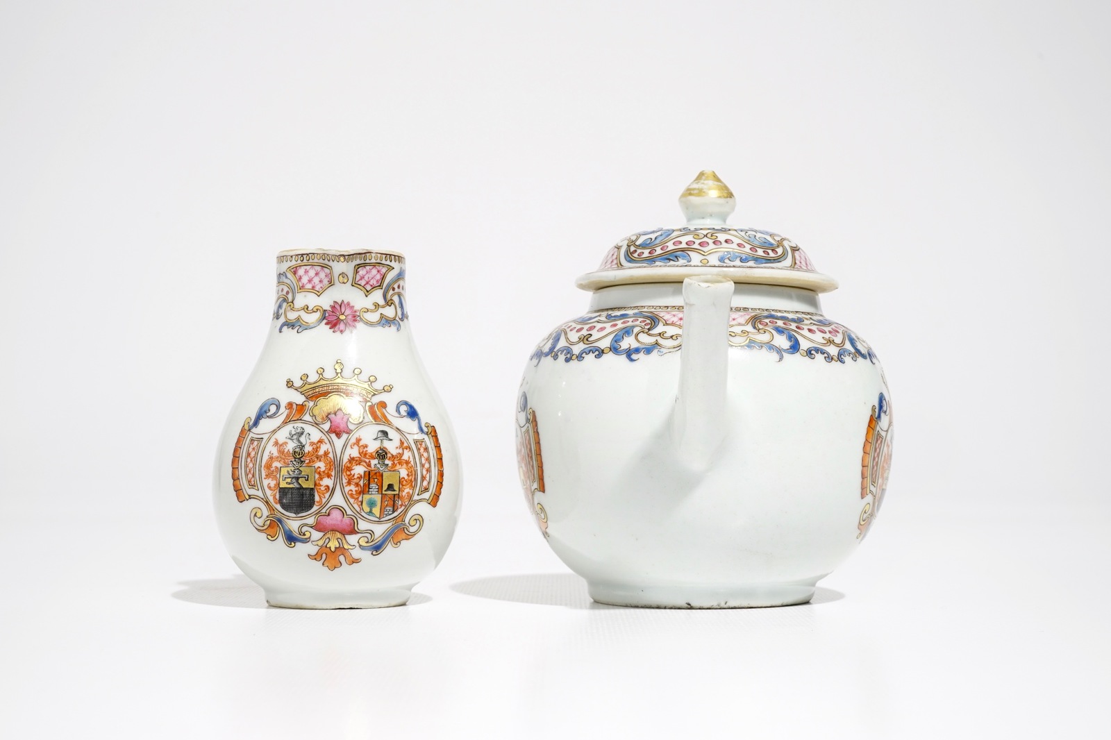 A Chinese famille rose armorial teapot and milk jug, Qianlong - Image 3 of 7