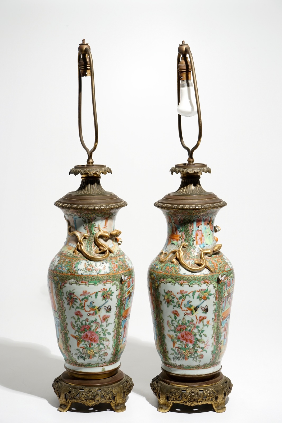 A pair of bronze-mounted Chinese Canton famille rose vases, transformed into lamps, 19th C. - Image 4 of 6