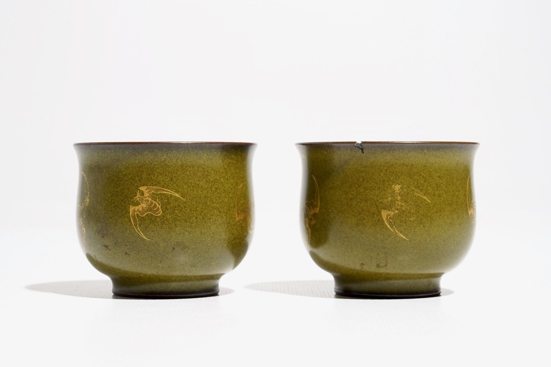 A pair of Chinese teadust-glazed and gilt wine cups with bats, Qianlong mark, 20th C. - Image 3 of 7