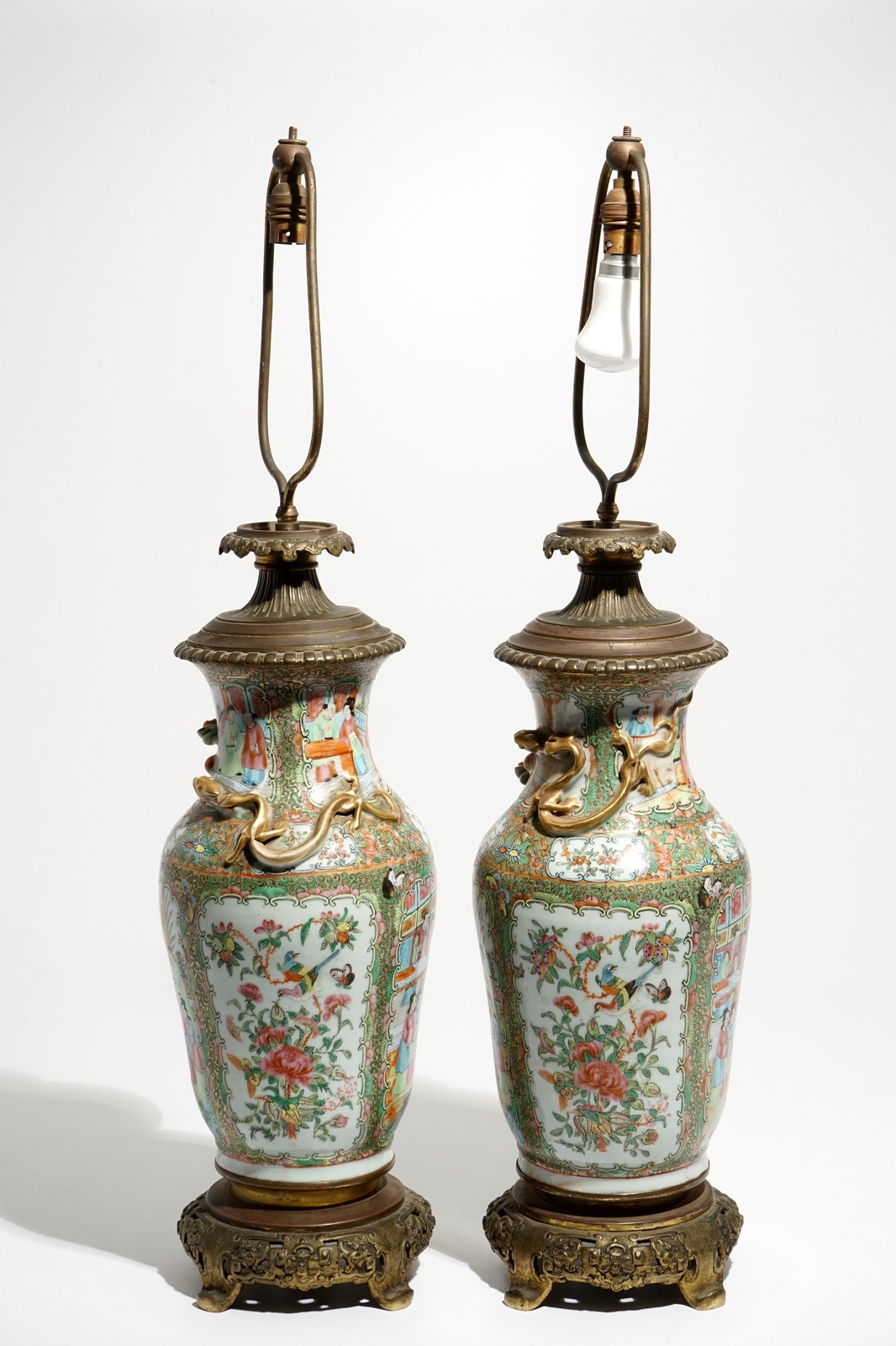 A pair of bronze-mounted Chinese Canton famille rose vases, transformed into lamps, 19th C. - Image 2 of 6