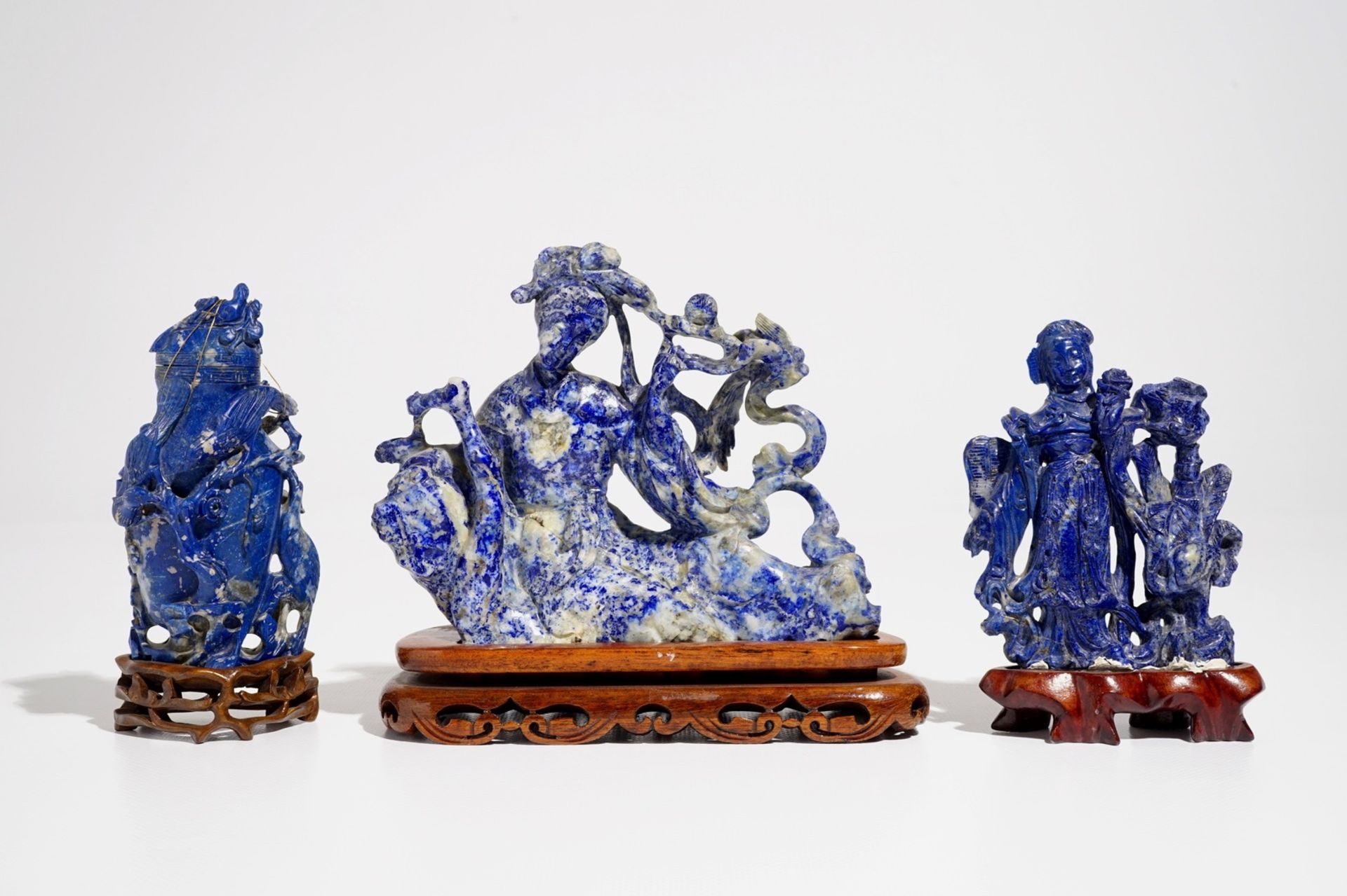Three Chinese lapis lazuli sculptures on wooden stands, 20th C. - Image 2 of 7