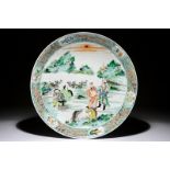 A large Chinese famille verte charger with figural landscape design, 19/20th C.