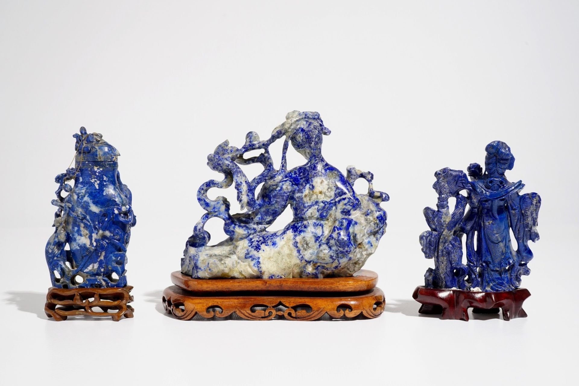 Three Chinese lapis lazuli sculptures on wooden stands, 20th C. - Image 4 of 7