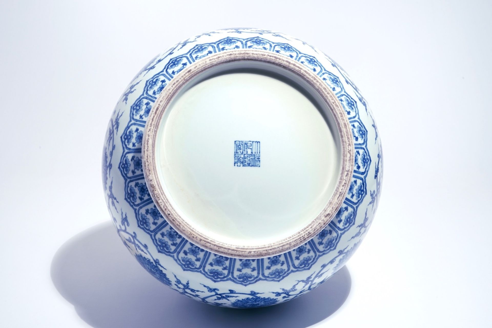 A Chinese blue and white lotus scroll hu vase, Qianlong mark, 20th C. - Image 6 of 6