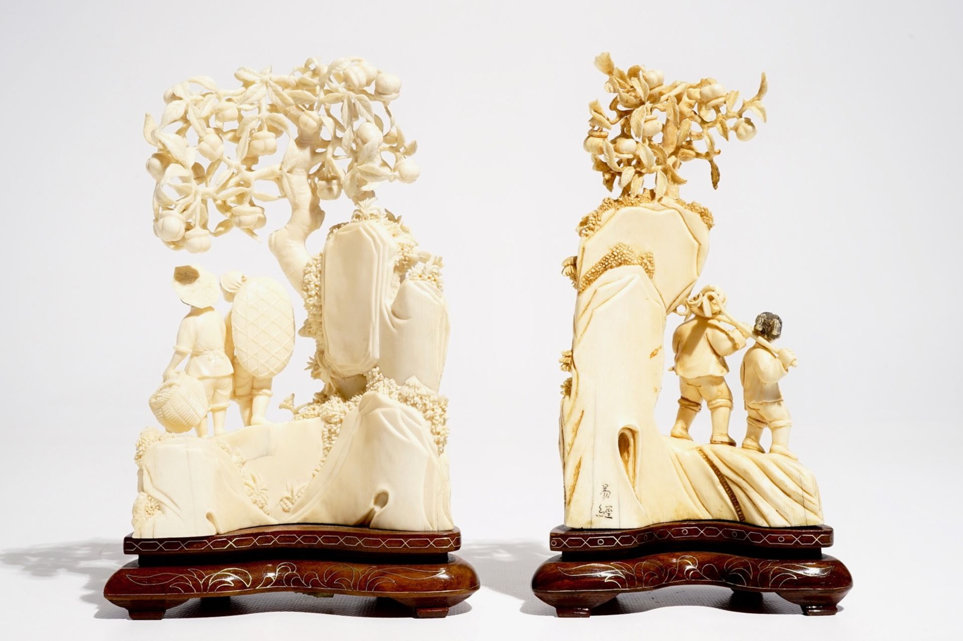 Two Chinese carved ivory groups on wooden base, 2nd quarter 20th C. - Image 4 of 8