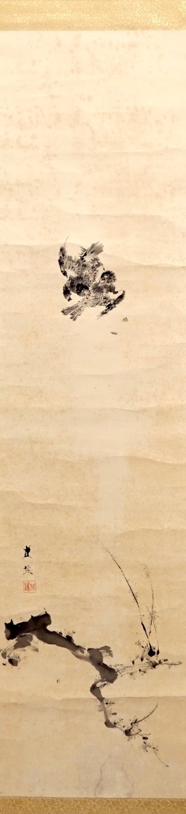 A Chinese paper scroll painting of birds above a branch, signed, 19/20th C. - Image 2 of 4