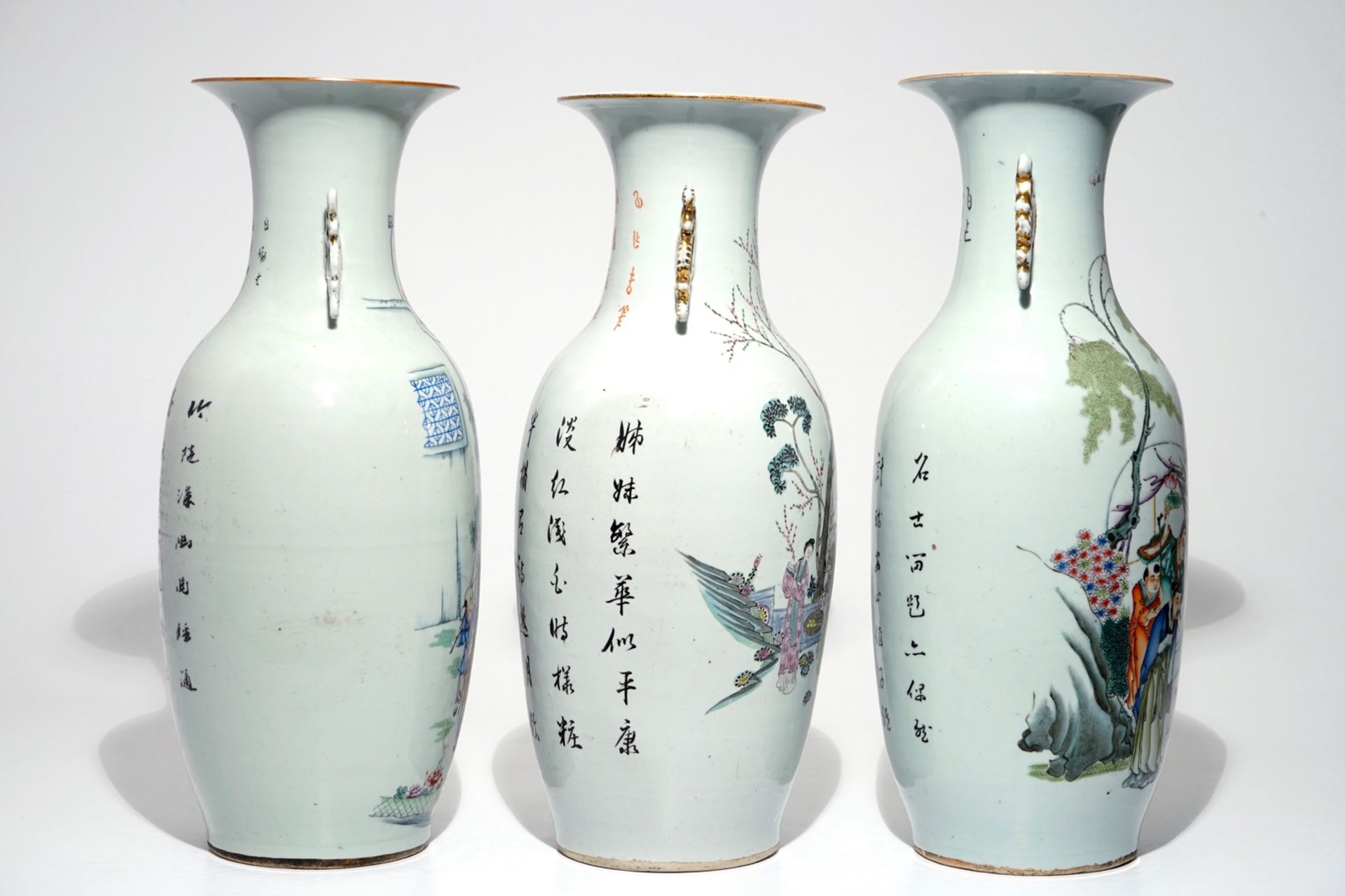 Three tall Chinese famille rose vases with calligraphy, 19/20th C. - Image 4 of 6