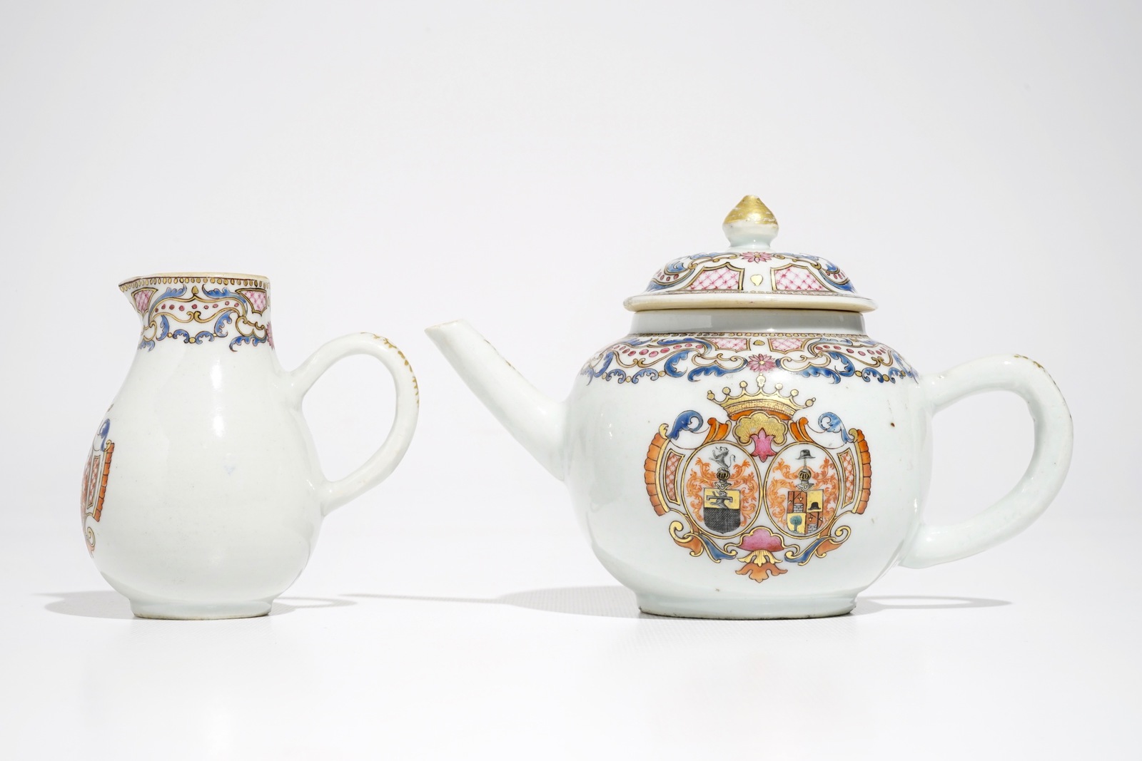 A Chinese famille rose armorial teapot and milk jug, Qianlong - Image 2 of 7