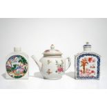 A Chinese famille rose teapot and two tea caddies, Qianlong