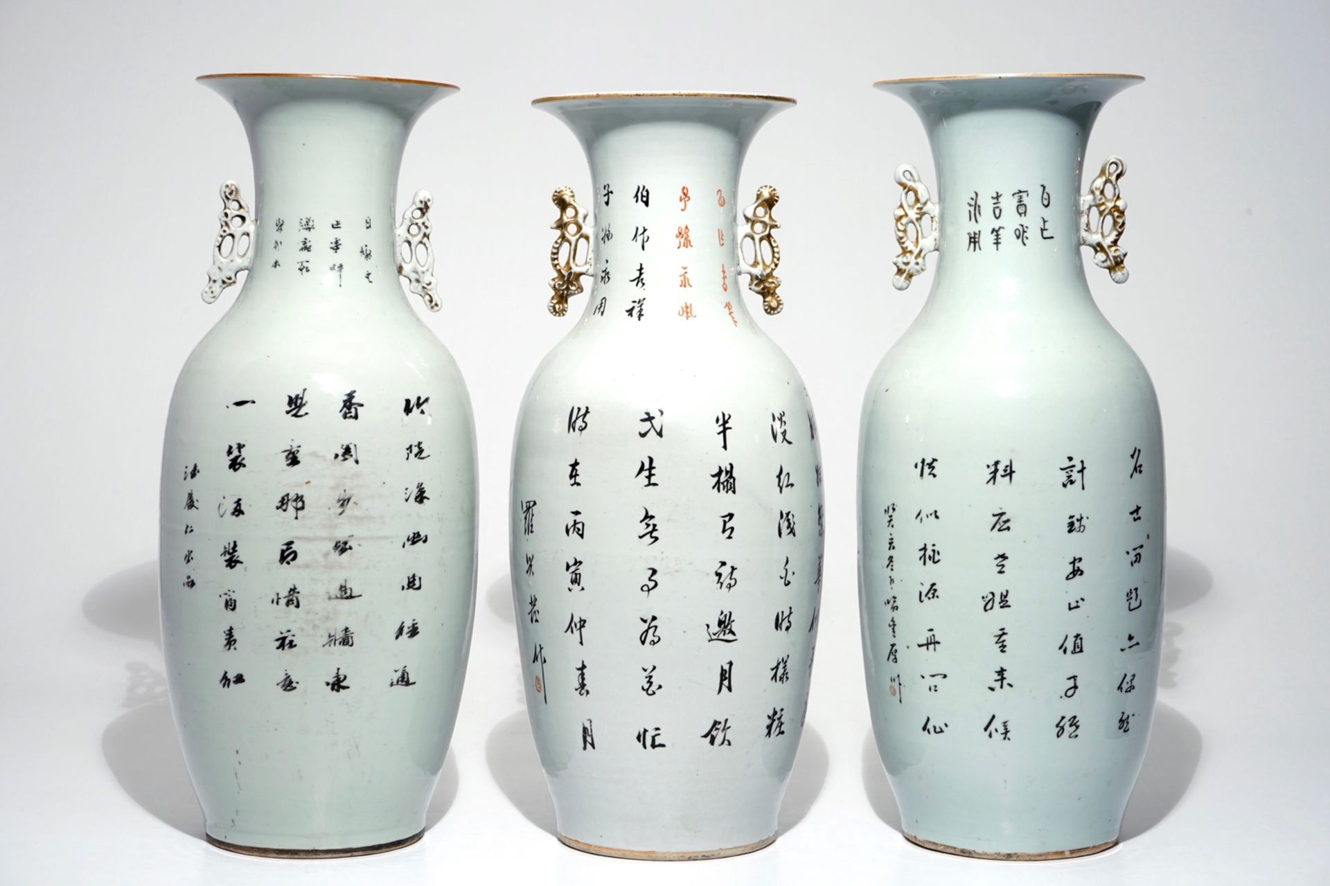 Three tall Chinese famille rose vases with calligraphy, 19/20th C. - Image 3 of 6