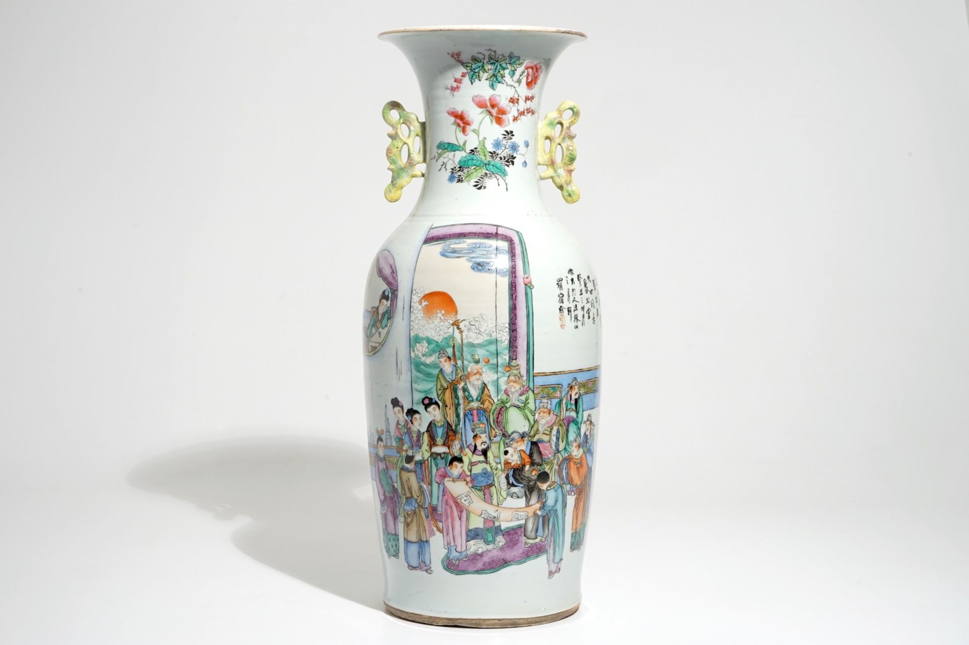 A tall Chinese famille rose double design vase, 19/20th C.