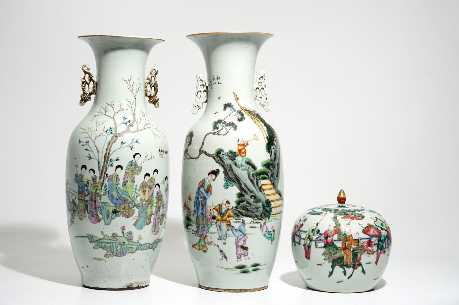 Two tall Chinese famille rose vases and a ginger jar, 19/20th C.