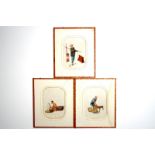 Three framed Chinese Cantonese rice paper paintings of professions, 19th C.