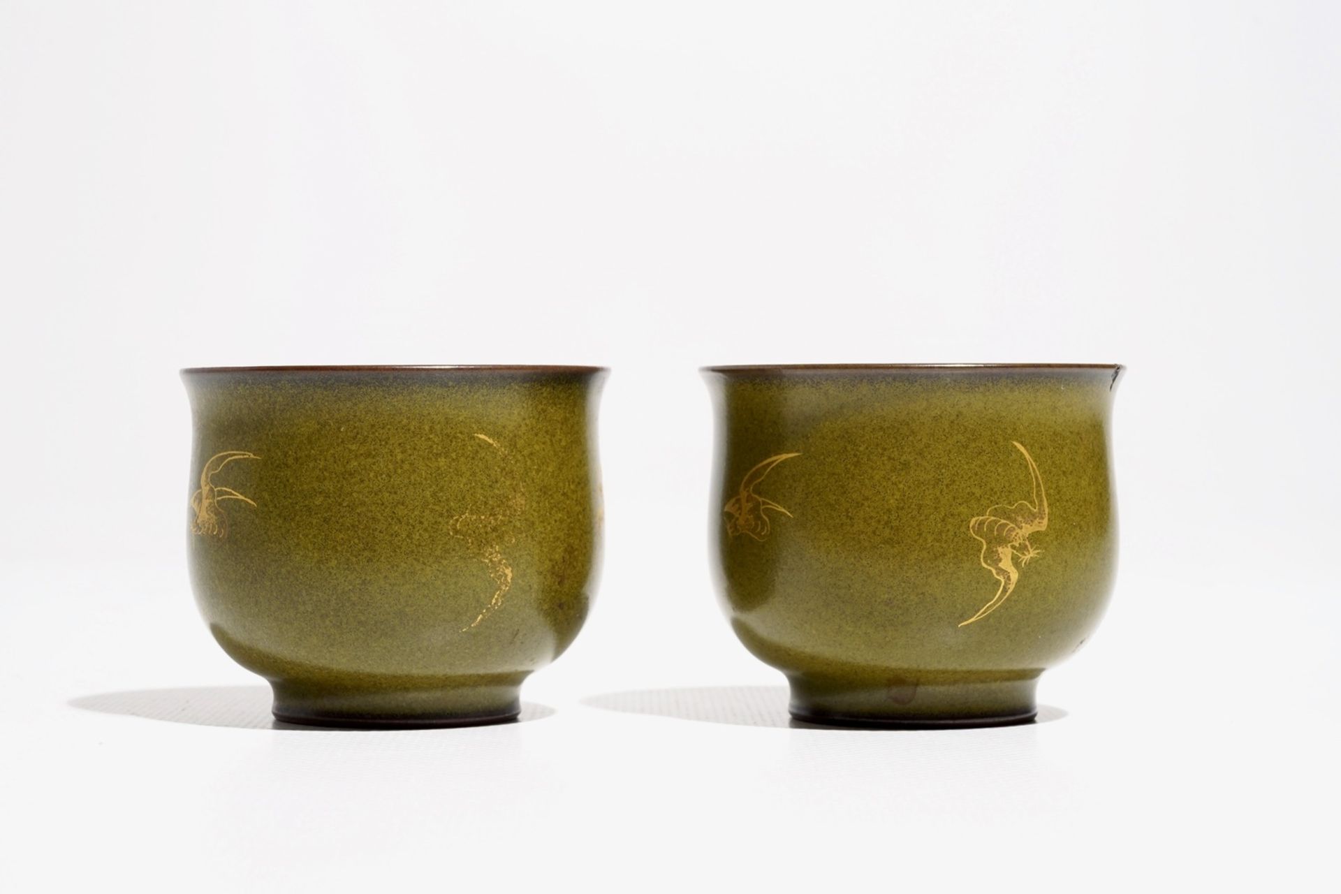 A pair of Chinese teadust-glazed and gilt wine cups with bats, Qianlong mark, 20th C. - Image 4 of 7