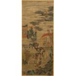 A Chinese silk scroll painting of a garden scene, signed, 18/19th C.